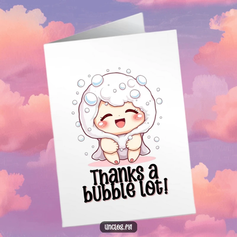 Funny Free Printable Thank You Card featuring a playful character covered in bubbles, radiating joy and thanks with a giggle.