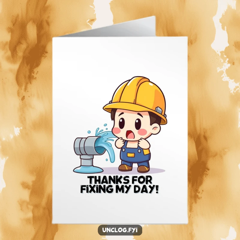 Funny free printable thank you card with a shocked character and a spraying water pipe, a humorous way to say thanks.