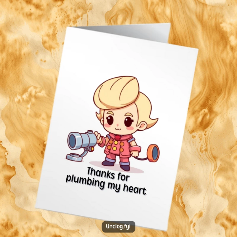 Funny Free Printable Thank You Card: Giddy character poses with pride next to a gleaming new pipe, conveying thanks.