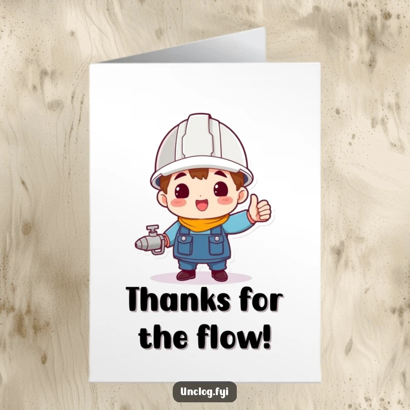 Funny Free Printable Thank You Card: A character in a hard hat triumphantly holds a spigot, offering heartfelt thanks.