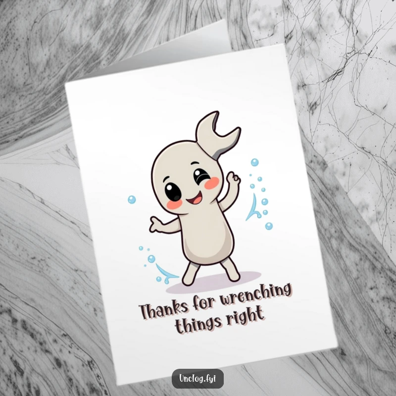 Funny free printable thank you card featuring a pipe wrench character dancing playfully with bubbles, expressing cheerful thanks.