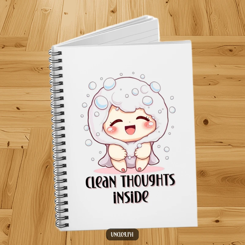 Funny notebook cover with a cute character covered in playful soap bubbles, giggling happily in a moment of pure bath time enjoyment.