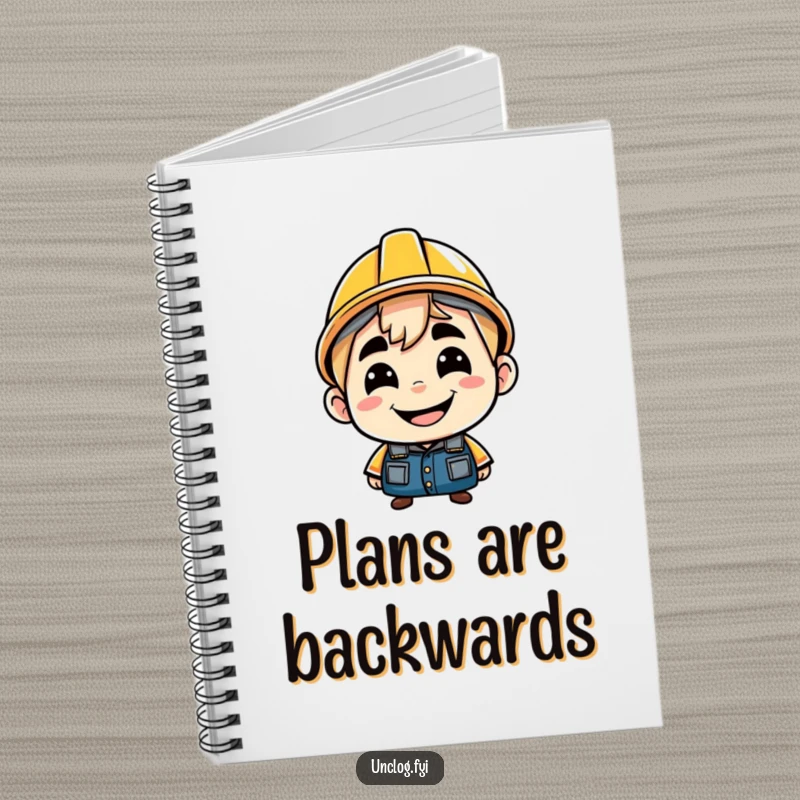 Funny notebook cover showing a character with a cheeky grin, wearing a hard hat backwards. Inspiring for notes and bold ideas.