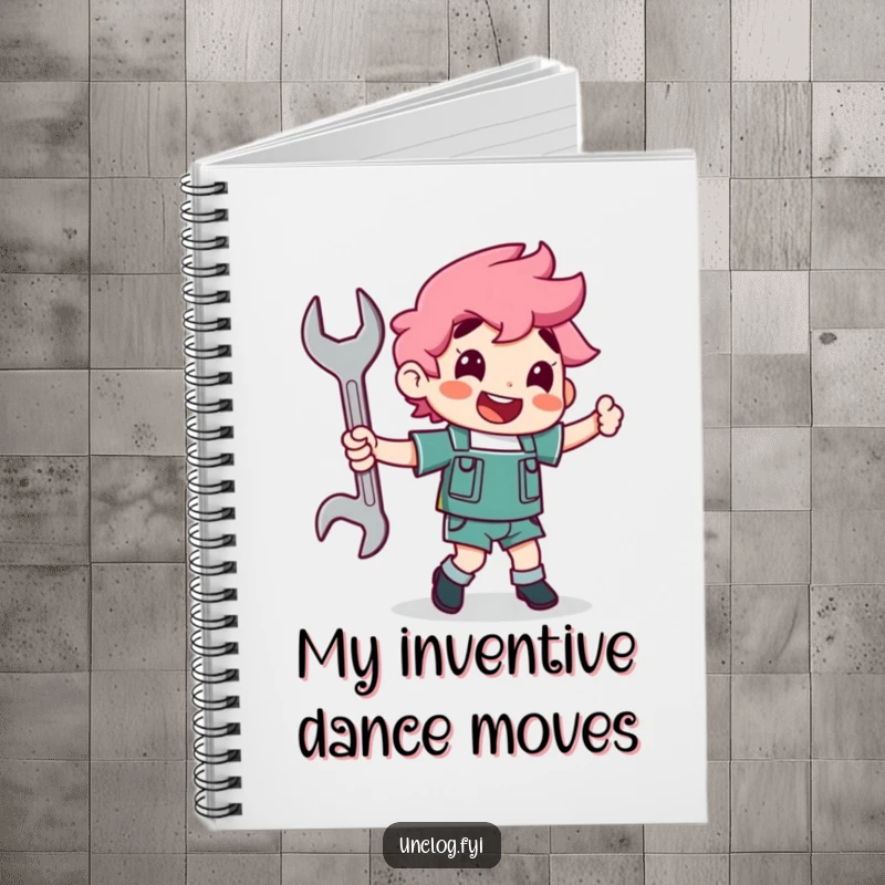Funny character happily dancing with a wrench as a partner on a notebook, encouraging creative mechanical ideas.
