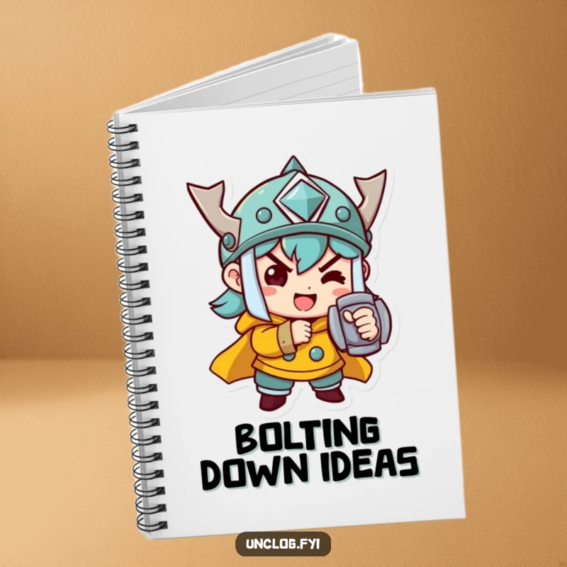 Funny Notebook cover featuring a determined character cheerfully tightening a bolt, encouraging focus and precision.