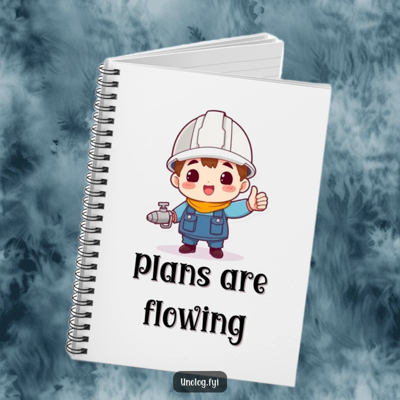 Funny character wearing a hard hat, triumphantly holding a spigot, adorning a lined notebook for writing.