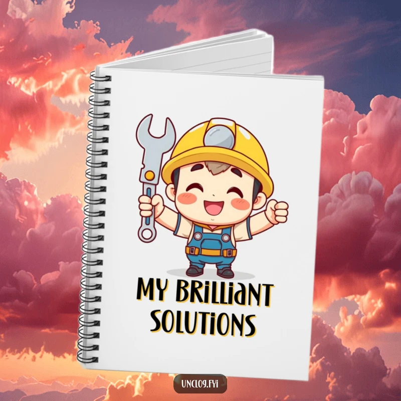 Funny mechanic notebook featuring a cute character holding a shining wrench with pride, perfect for jotting down notes with DIY humor.