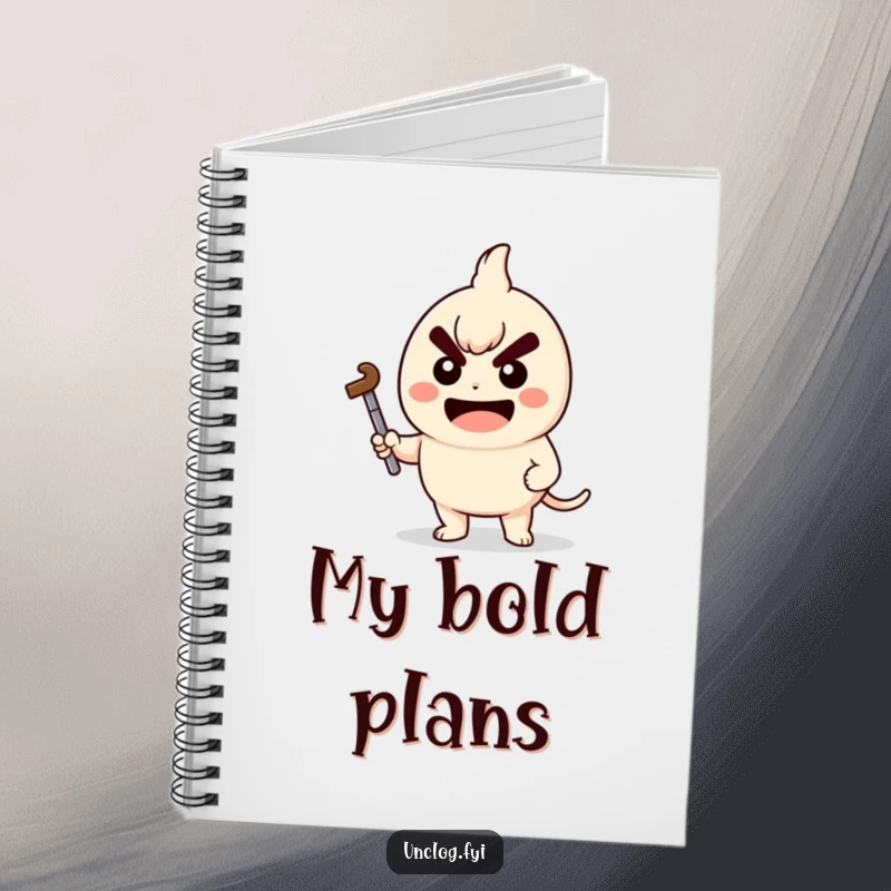 Funny Notebook with a kawaii character holding a plunger with a determined grin, perfect for jotting down determined notes humorously.