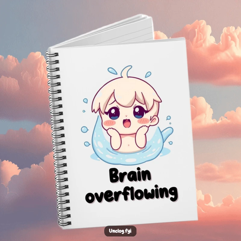 Funny notebook featuring a character with a surprised smile looking at overflowing water, for noting down ideas during mishaps.