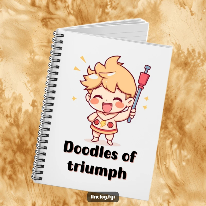 Funny notebook with a character joyfully using a plunger with a triumphant look, providing a humorous cover for your notes and ideas.