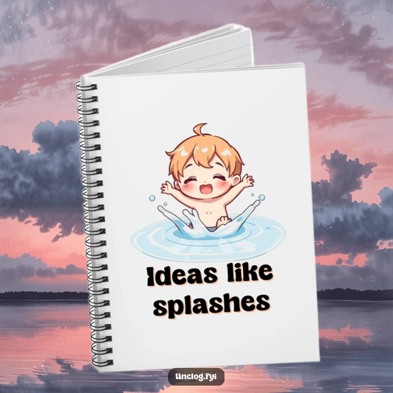Funny Notebook with a character splashing joyfully in a clean water puddle, inspiring creative writing and happy thoughts.
