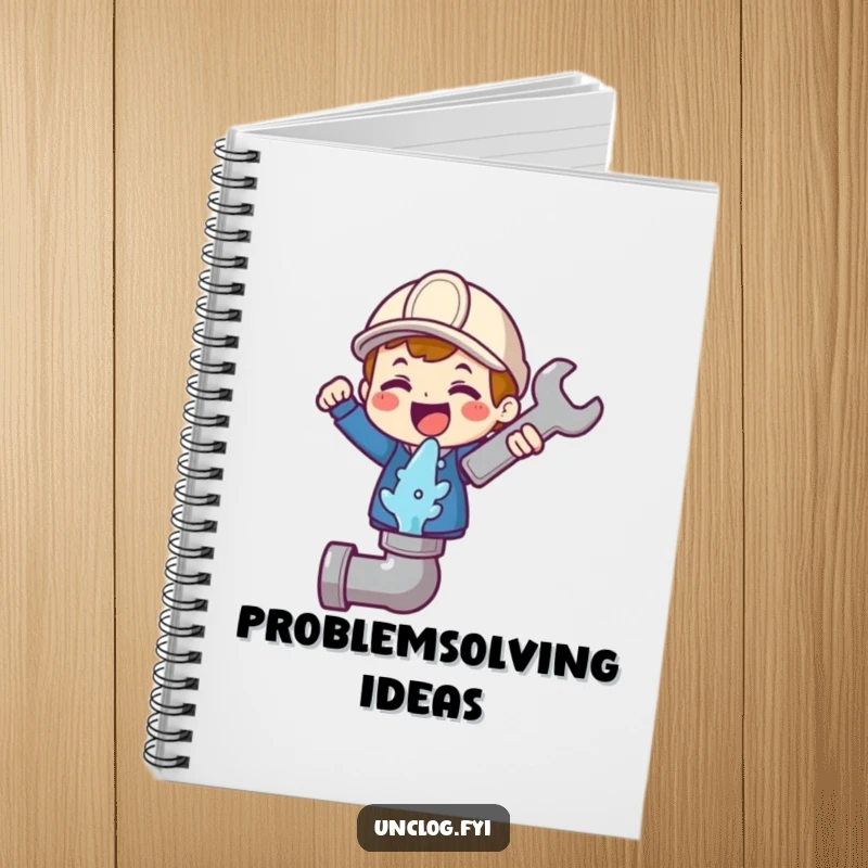 Funny notebook featuring a cute character gleefully holding a wrench above a gushing pipe icon, for jotting repair ideas.