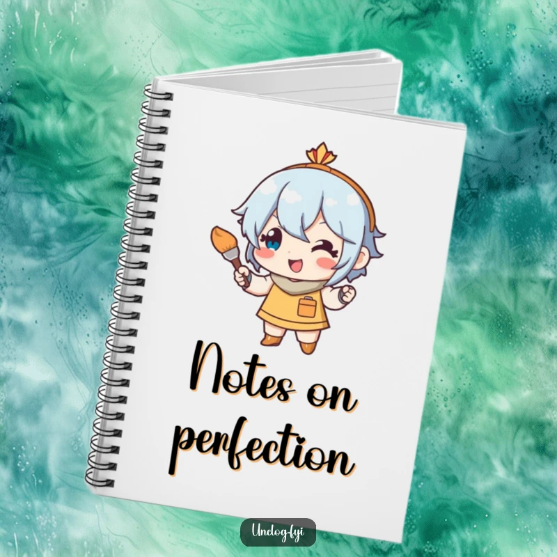 Funny notebook cover showing a character with a small paintbrush, performing art touch-ups with a smile, perfect for creative journaling.