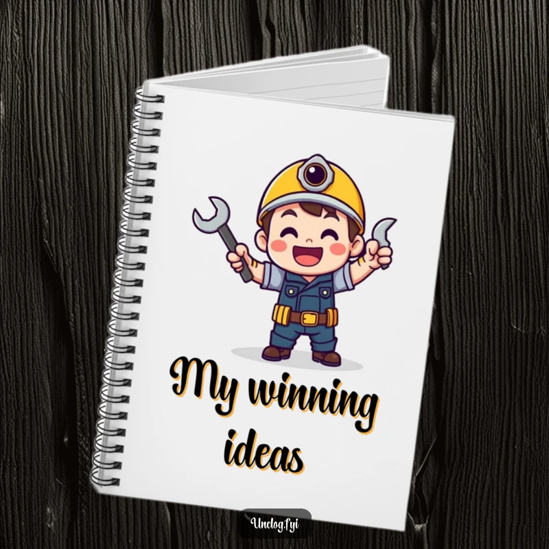 Funny notebook featuring a character doing a victory dance with a wrench, ideal for planning successes.