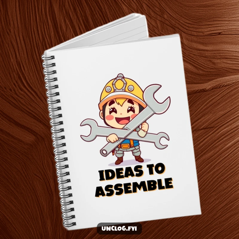 Funny cute character gleefully holding a giant wrench with a proud smile, adorning a lined notebook for writing.
