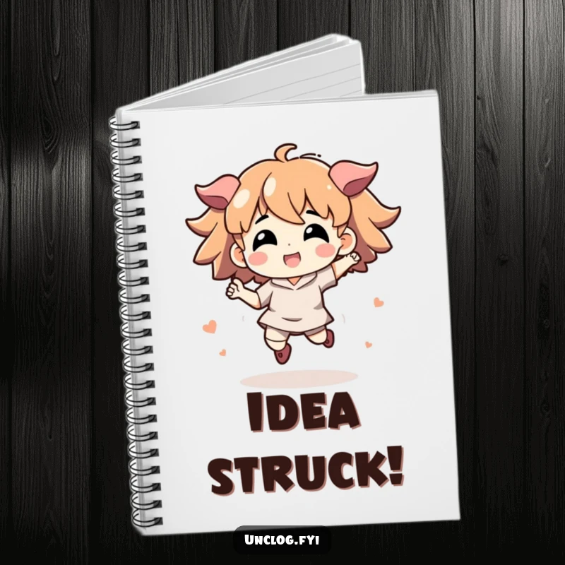 Funny notebook with an energetic character leaping, perfect for jotting down ideas and solutions with a motivational design.