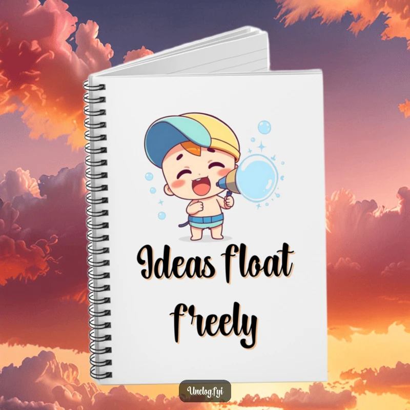 Funny notebook cover showing a character enthusiastically spraying a stream of colorful bubbles. Inspiring for notes and doodles.