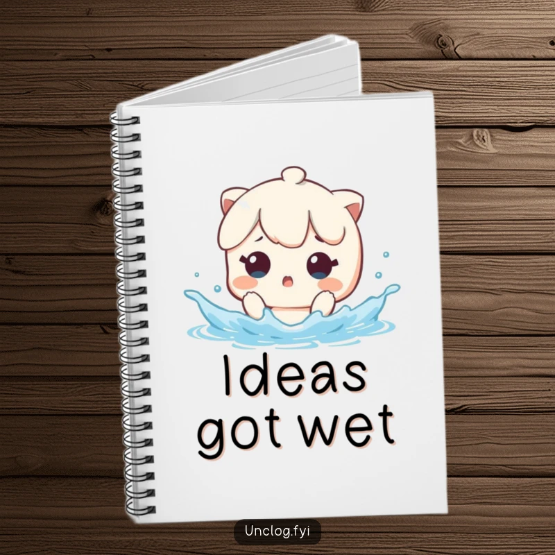 Funny Notebook with a kawaii character looking surprised by a sudden water splash, perfect for jotting down humorous notes.