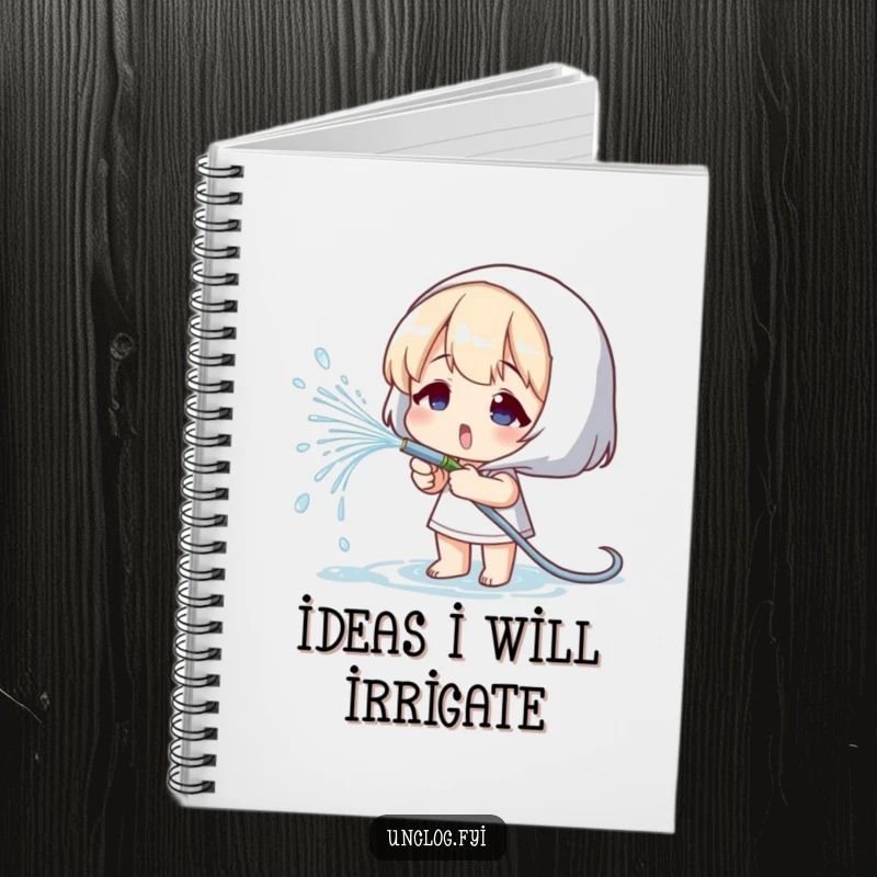 Funny notebook with a design of a character playfully spraying water from a small hose, ideal for journaling.