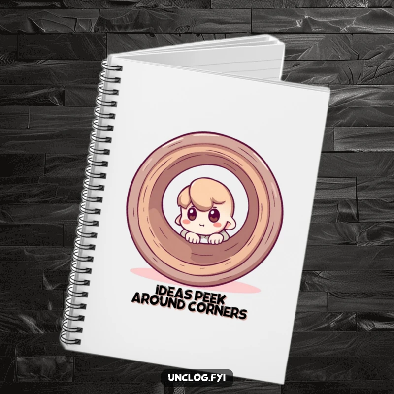 Funny notebook with a design of a character peeking around a pipe, encouraging curiosity and humor in note-taking.