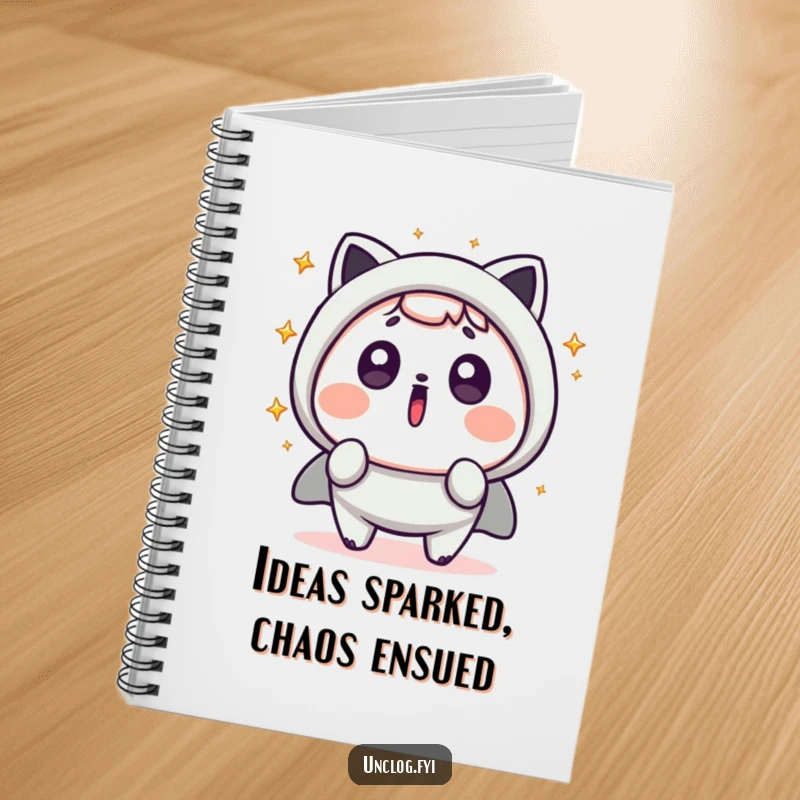 Funny Kawaii Notebook with a cute character looking surprised, amidst a flurry of flying sparks, designed for jotting down humorous thoughts.