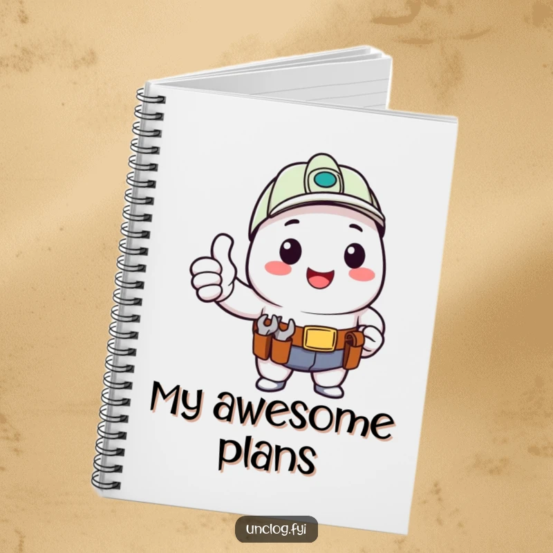 Funny Notebook with a kawaii character giving a happy thumbs up with a tool belt, perfect for jotting down achievements humorously.