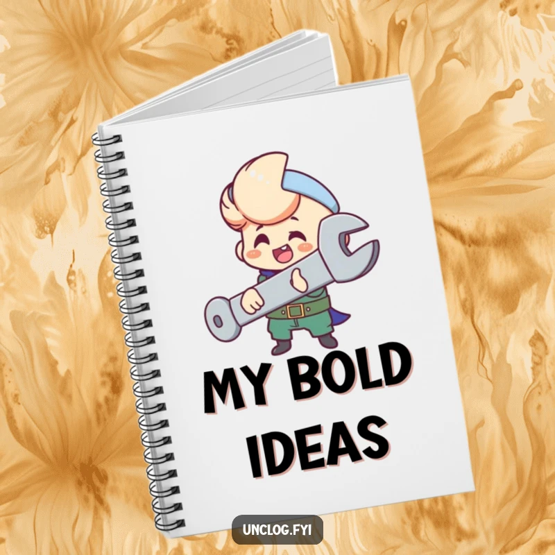 Funny notebook cover with a character happily using a wrench to tighten a large bolt.