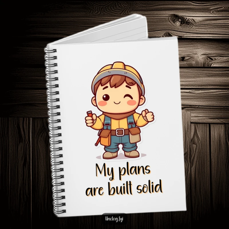 Funny Kawaii Notebook with a smiling cute character in a tool belt, designed for jotting down project ideas and plans.