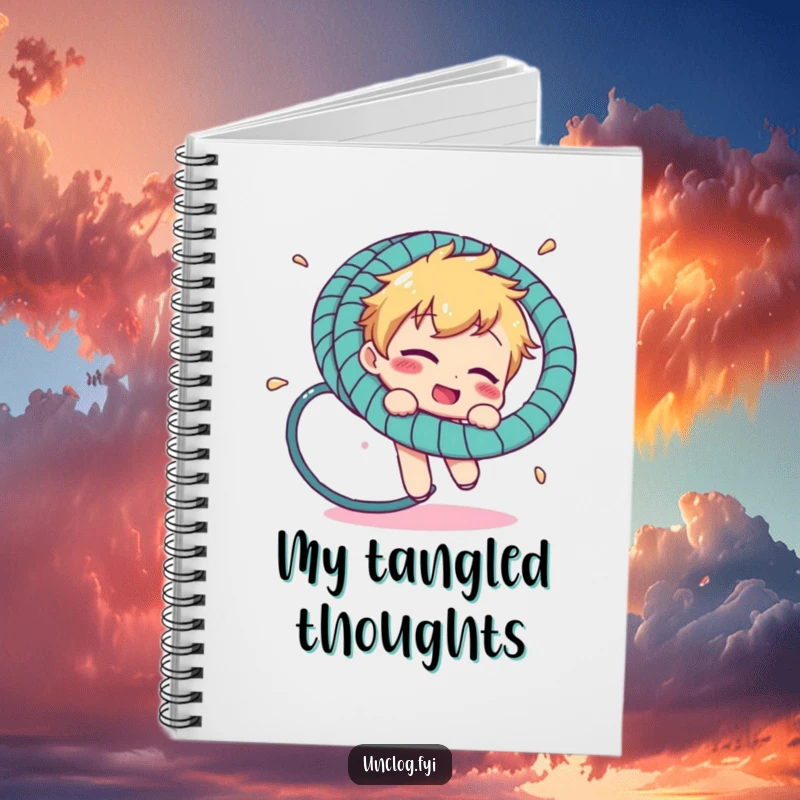 Funny notebook with a character comically tangled in a garden hosepipe, ideal for jotting down notes with a humorous illustration.
