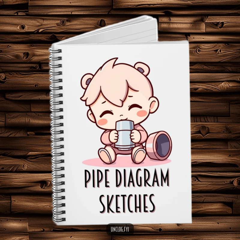Funny Notebook cover with a character proudly holding a pipe fitting, symbolizing the capture of bright ideas and a love for mechanical connections.