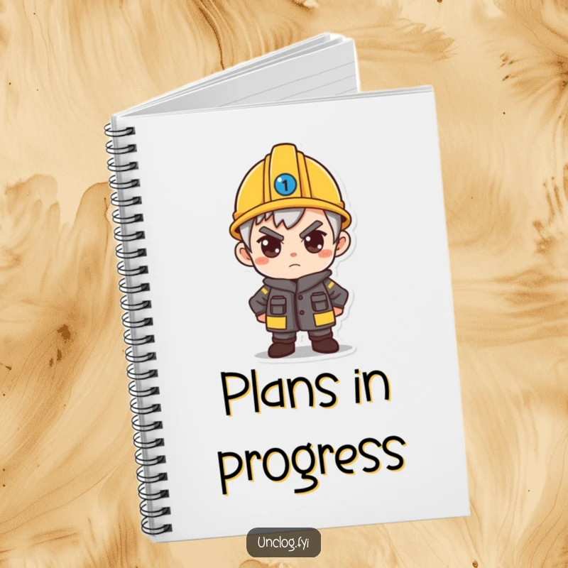 Funny notebook featuring a determined character wearing a small hard hat, ready to capture plans and ideas.