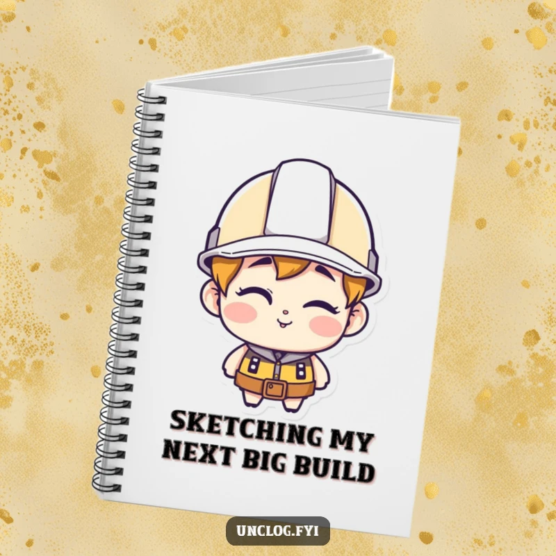 Funny character notebook, wearing a hard hat and winking, ideal for jotting down clever ideas.