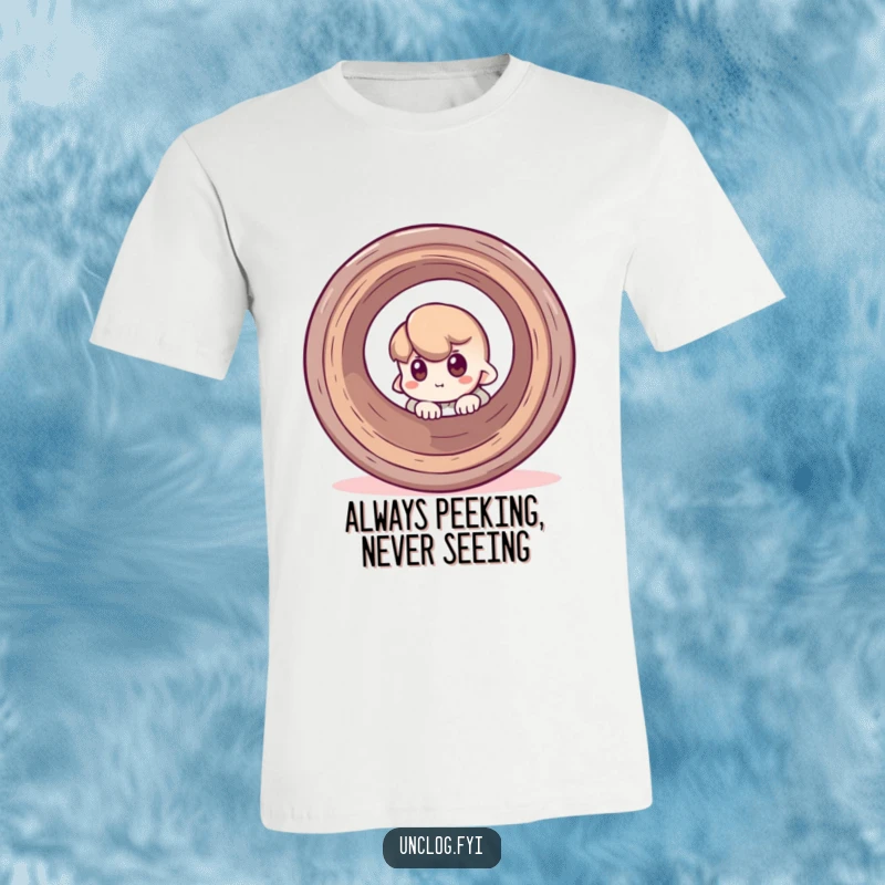 Funny t-shirt showing a character with a curious look, peeking from behind a big, round pipe, ready for adventure.