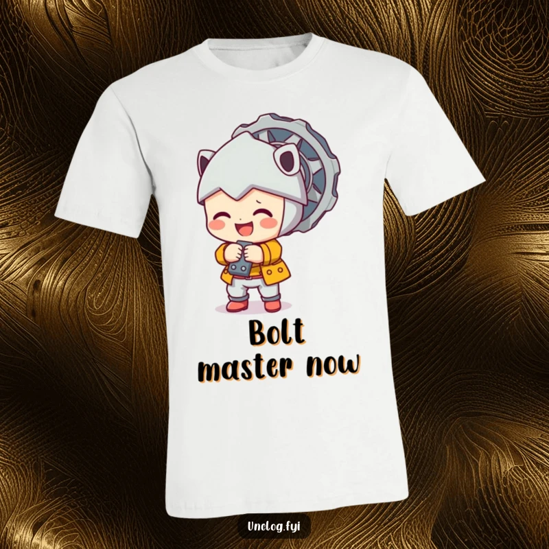 Cute character happily tightening a large bolt, looking focused and skilled, printed on a t-shirt.