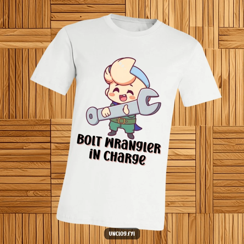 Funny t-shirt of a character happily tightening a very large bolt with a wrench, looking proud.