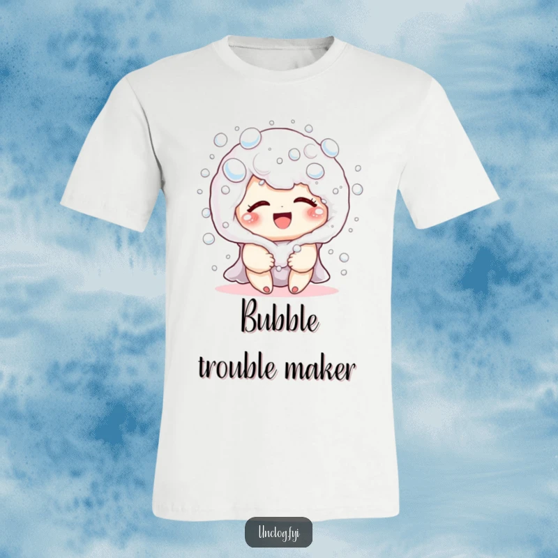 Funny t-shirt featuring a cute character submerged in harmless, giggling soap bubbles, embodying sheer bubbly joy and playfulness.