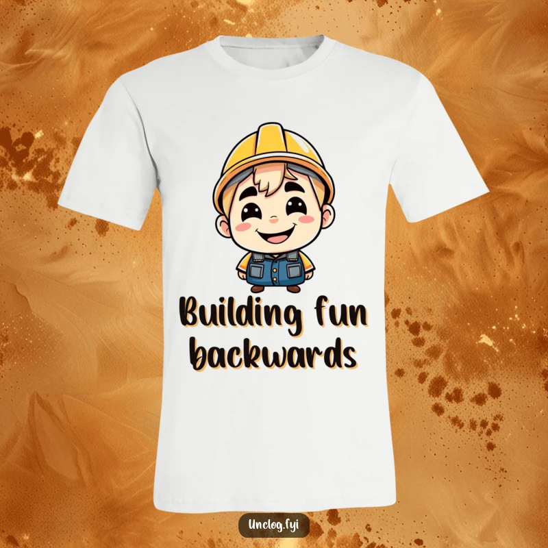 Funny t-shirt design of a character with a cheeky grin, sporting a hard hat worn backwards. Embodies playful defiance.
