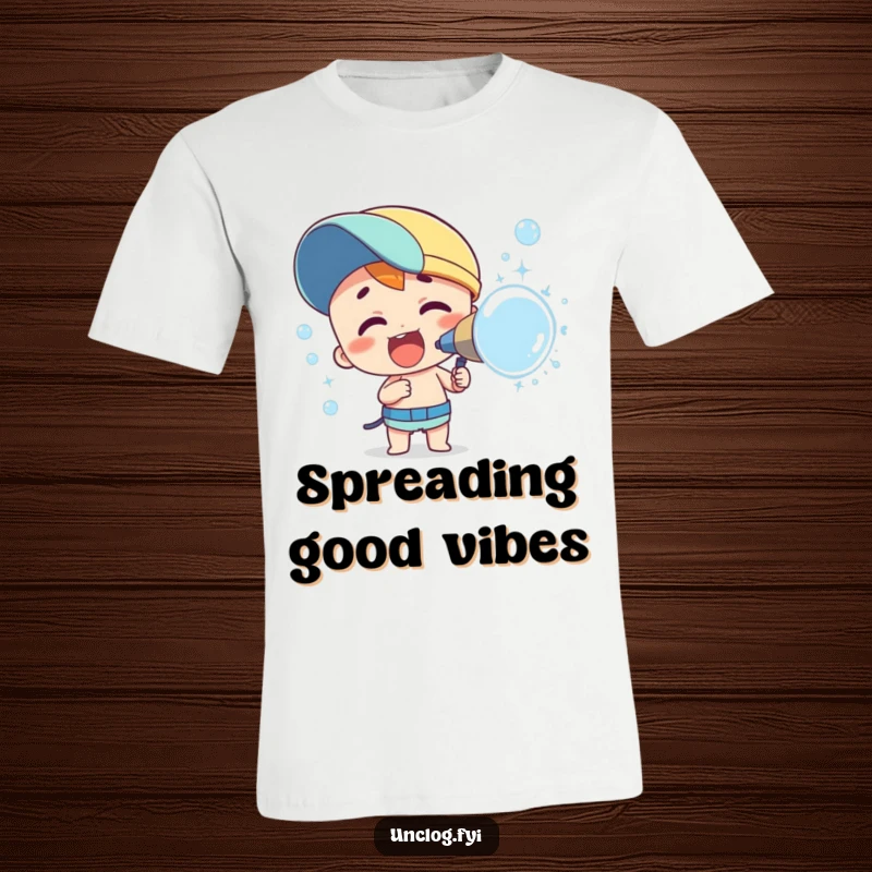 Funny t-shirt of a character enthusiastically spraying a cascade of shimmering bubbles from a nozzle. A symbol of pure joy.