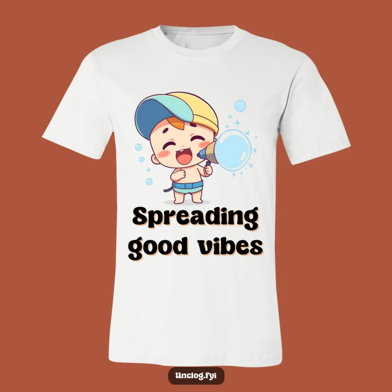 Funny Bubble Fun T-Shirt: Enthusiastic Character Spraying Joyful Bubbles