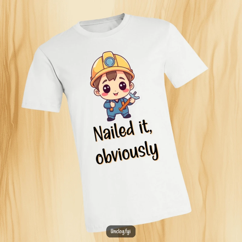 Funny T-Shirt featuring a character proudly wearing a hard hat, pleased with a successful repair, exuding competence and joy.