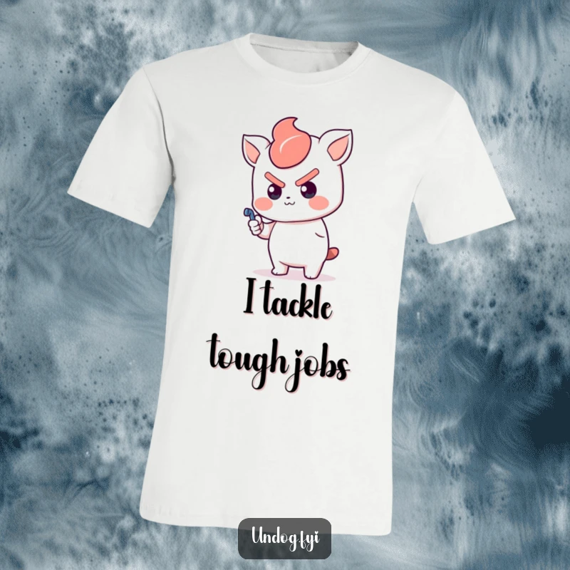 Funny Kawaii T-Shirt featuring a determined character vigorously pushing a plunger, perfect for anyone who tackles tough challenges.