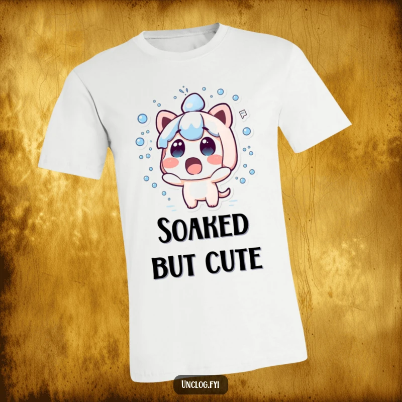 Funny kawaii t-shirt featuring a cute character with a wide-eyed surprised expression, surrounded by spraying water.