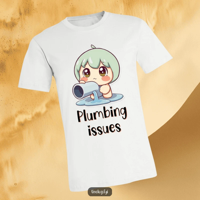 Funny Leaky Pipe Reaction T-Shirt showing a character with wide eyes staring in disbelief at a leaking pipe, great funny gift.