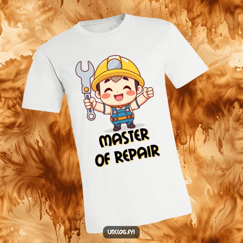 Funny mechanic t-shirt with a cute character holding a shining wrench with pride, perfect for DIY lovers and fixers.