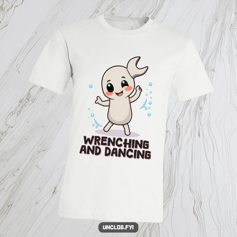 Funny T-Shirt with a pipe wrench character in a playful dance with a bubbly stream, celebrating plumbing joy.