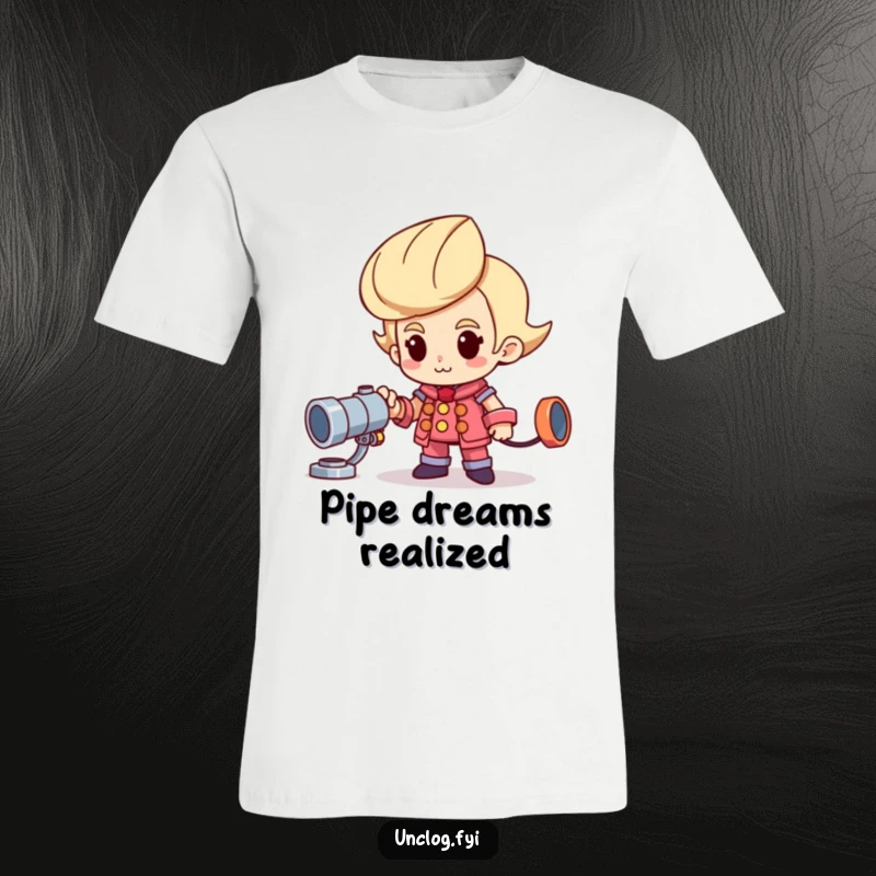 Funny t-shirt with a proud character proudly displaying a shiny new pipe, perfect for plumbers and DIY heroes.