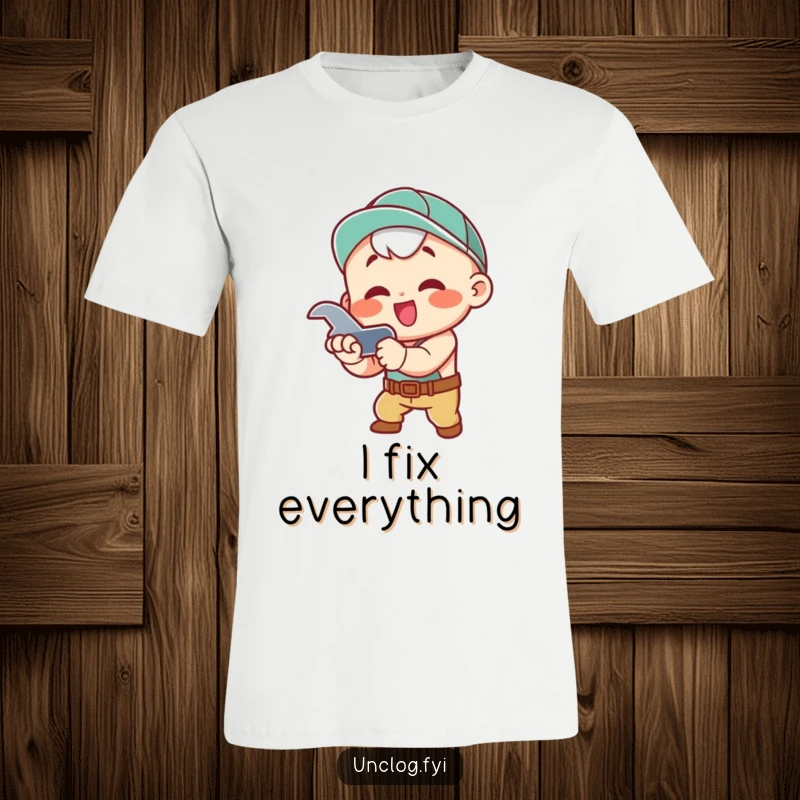 Funny T-Shirt with a kawaii character enthusiastically tightening a pipe with a wrench, perfect for plumbers and DIY fans.