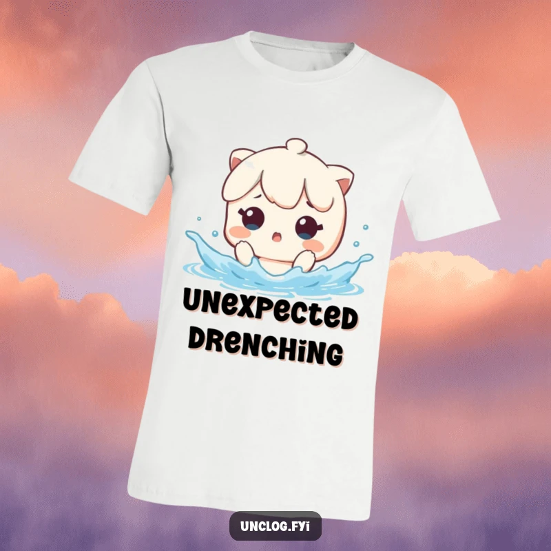 Funny T-Shirt with a kawaii character looking surprised by a sudden water splash, depicting humorous shock and wetness.