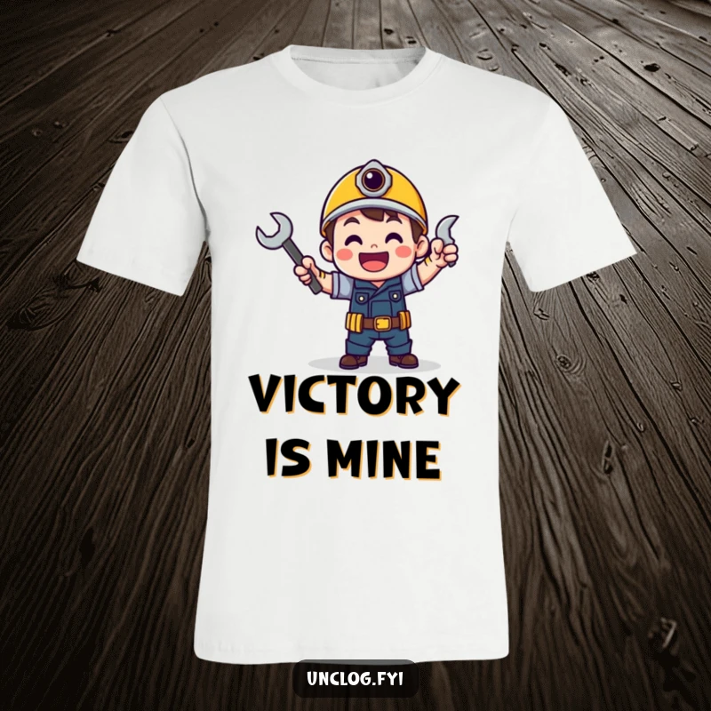Funny t-shirt of a character doing a happy victory dance, holding a wrench aloft with pride.