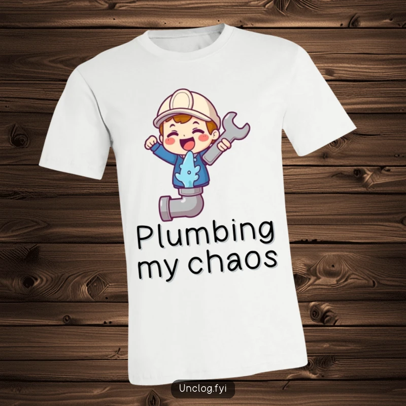 Funny t-shirt featuring a cute character joyfully holding a wrench above a gushing pipe icon, celebrating repair success.